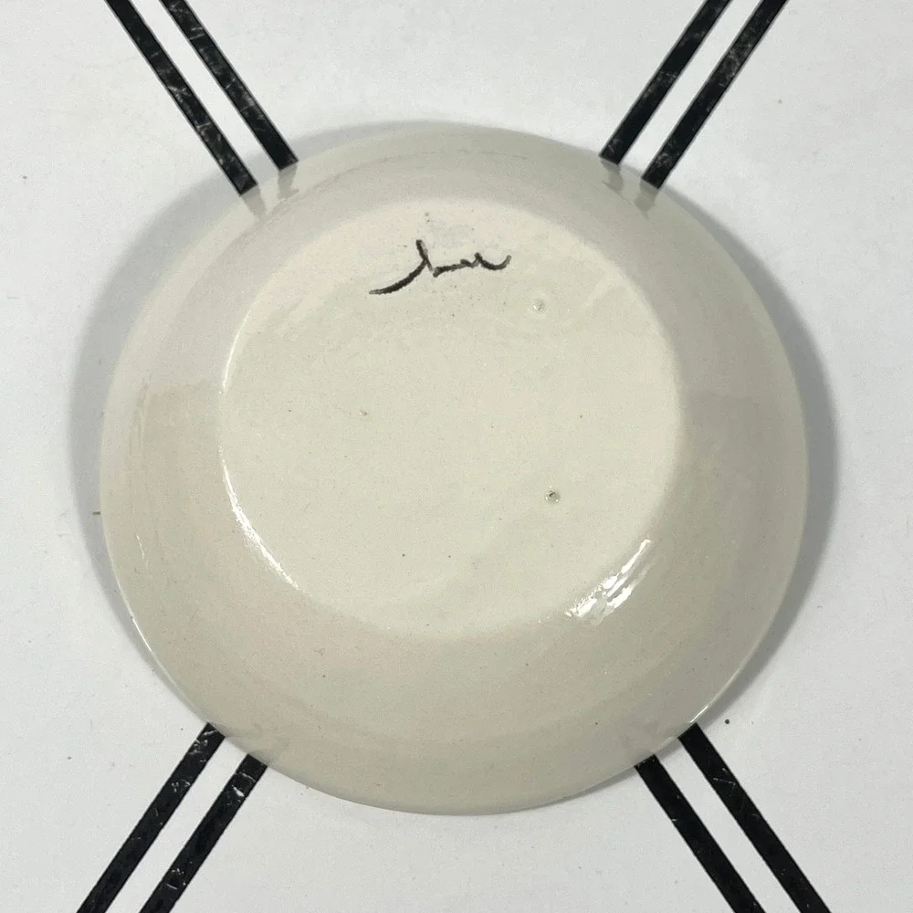 Handmade Signed Ceramic Trinket Dish Dream Big Face‎ Heart Black Art Small Bowl